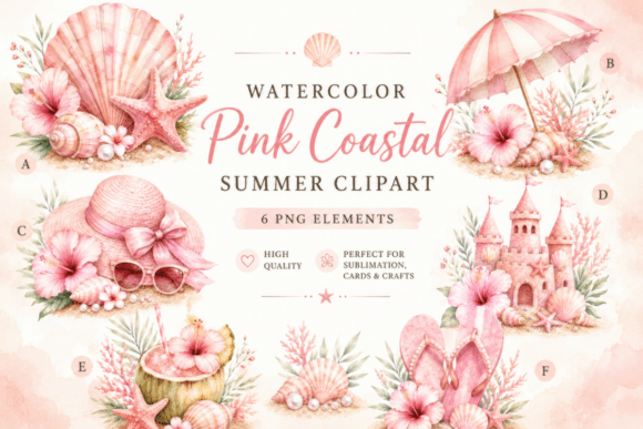 Download Pink Coastal Summer Watercolor Clipart - Summer Collection