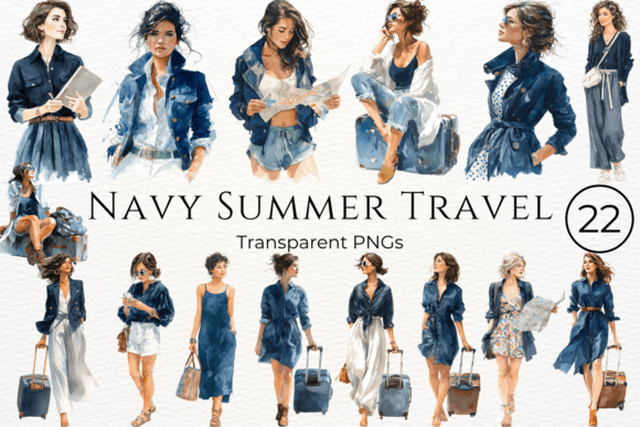 Download Navy Summer Travel Watercolor Clipart - Summer Collection