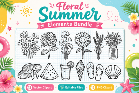 Download Floral Summer Elements Stamp Clipart PNG - Summer Collection