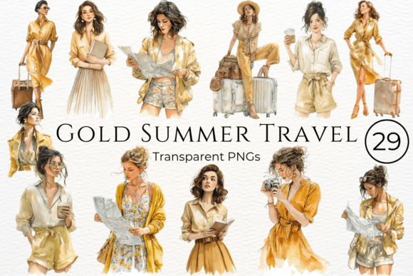 Download Gold Summer Travel Watercolor Clipart - Summer Collection