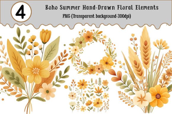 Download Boho Summer Hand-Drawn Floral Elements - Summer Collection