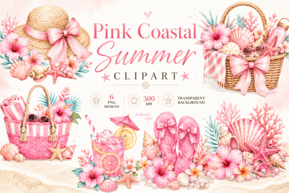 Download Pink Coastal Summer Watercolor Clipart - Summer Collection