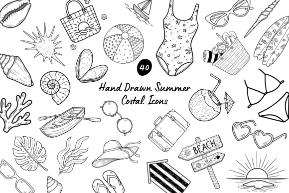 Download 40 Hand Drawn Summer Coastal Icons - Summer Collection